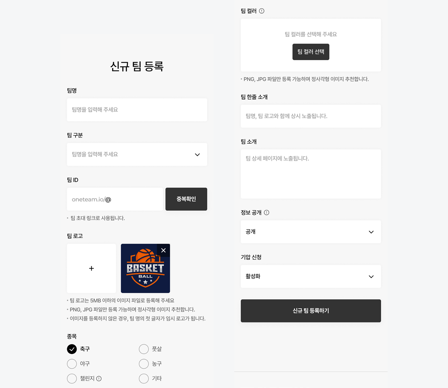 신규팀 정보 등록